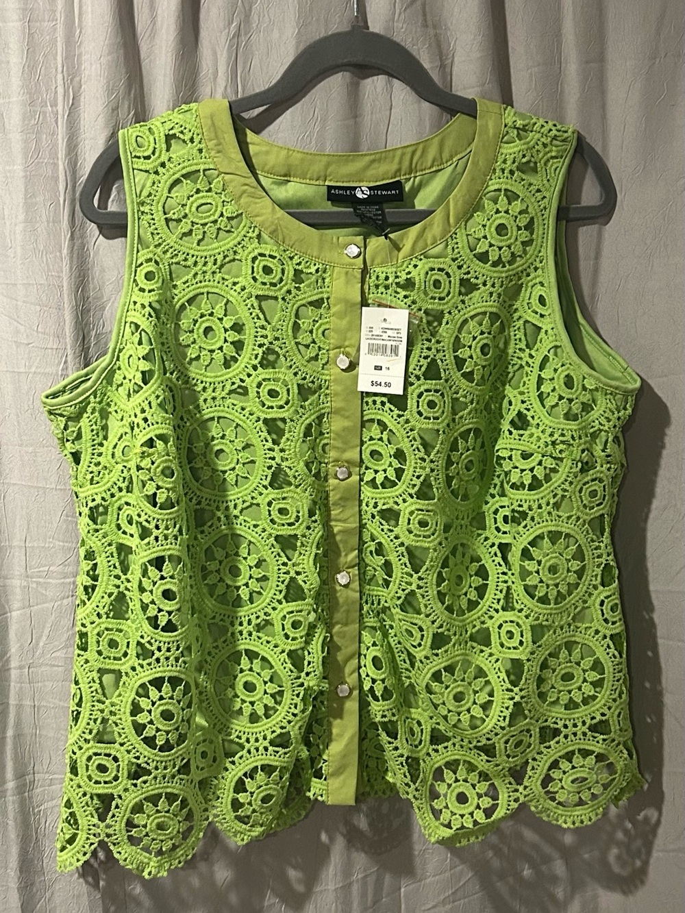 Ashley Stewart Neon Lime Crochet Button-Front Shell Top